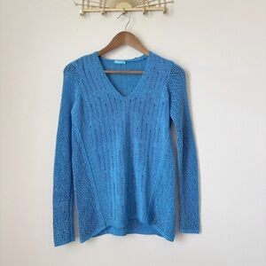 J. McLaughlin Open Knit Sweater XS V Neck Blue